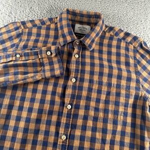 Portuguese Flannel Shirt Mens L Tan Blue Check Master Craftsmen Button Up